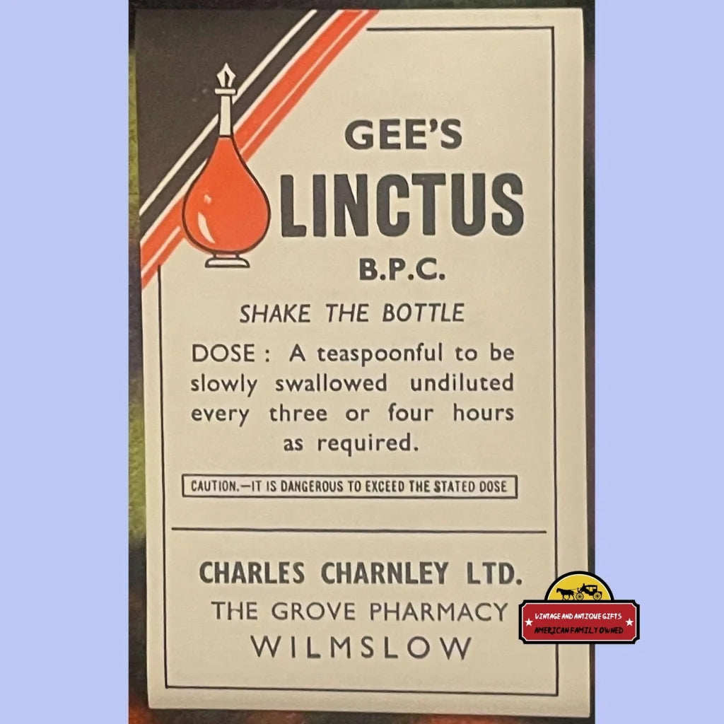 Very Rare Antique Vintage Gee's Linctus Label, Opium and Alcohol, 1910s - 1920s