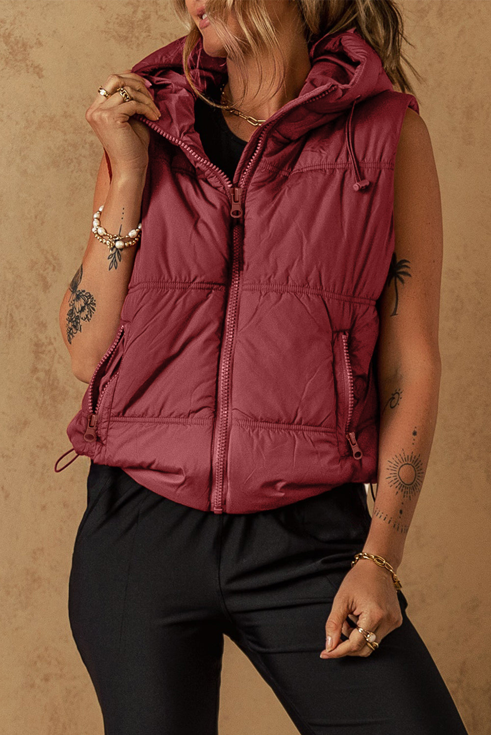 Drawstring Zip Up Hooded Vest Jacket - T - 1 COLOR -