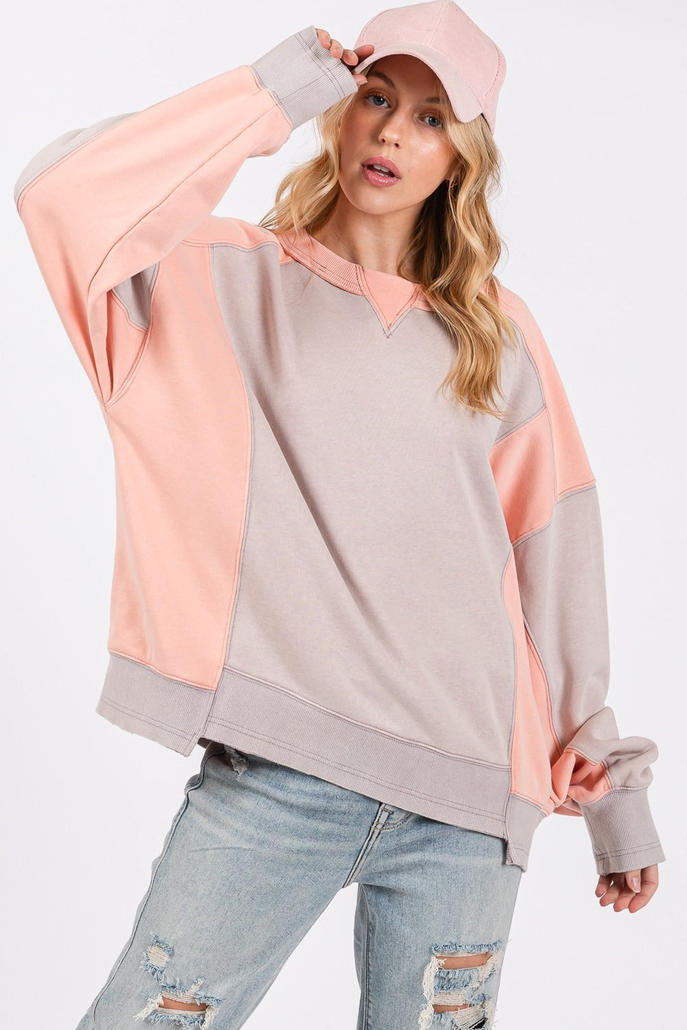 SAGE + FIG Color Block Round Neck Sweatshirt - T - 1 COLOR -