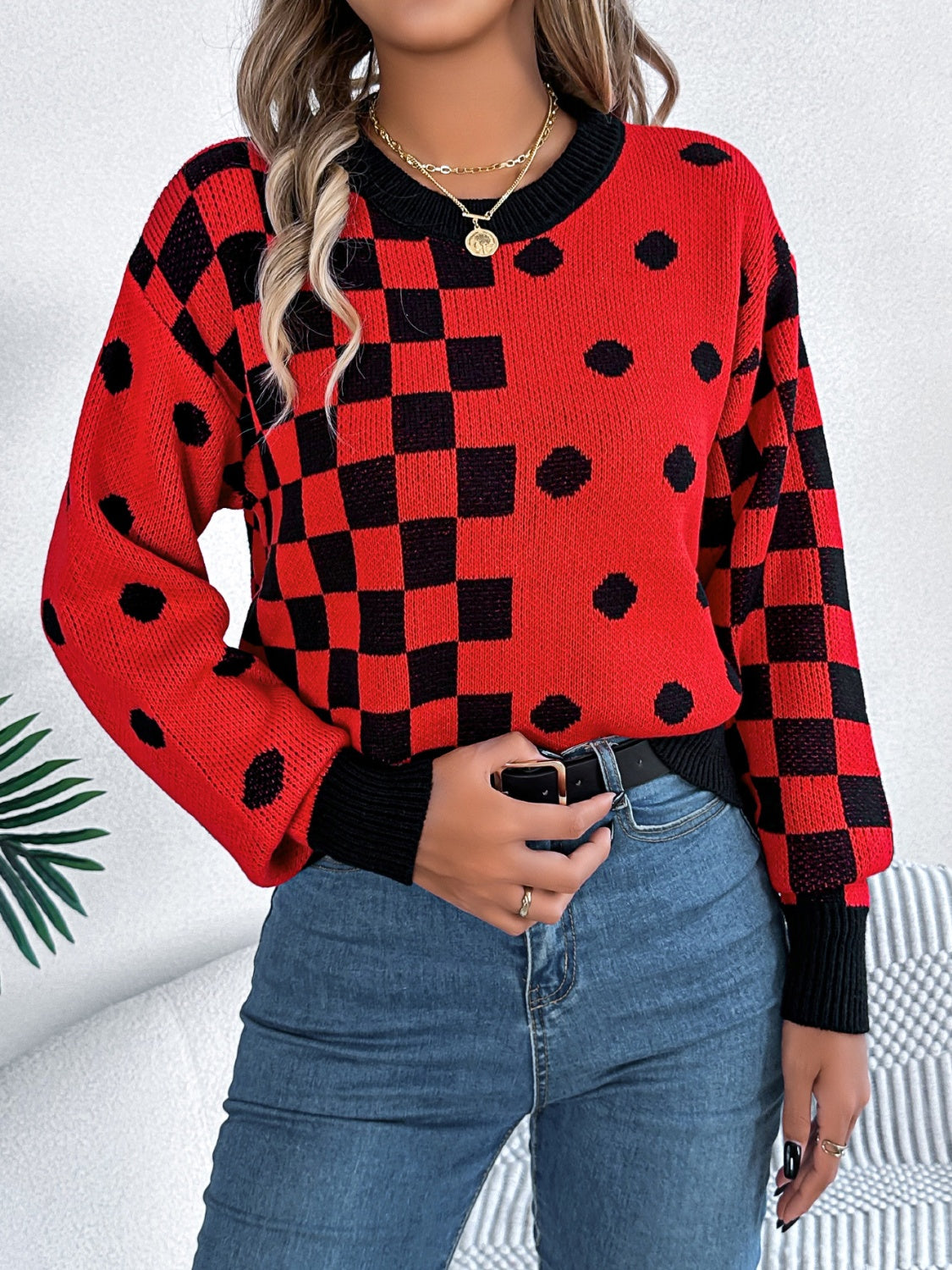 Plaid Round Neck Long Sleeve Sweater - T - 3 COLORS -