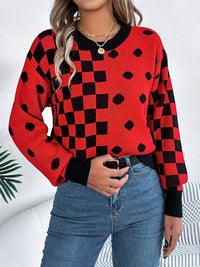 Thumbnail for Plaid Round Neck Long Sleeve Sweater - T - 3 COLORS -