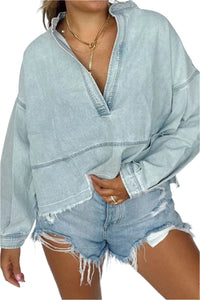 Thumbnail for Slit Raw Hem Notched Denim Top - T - 1 COLOR -