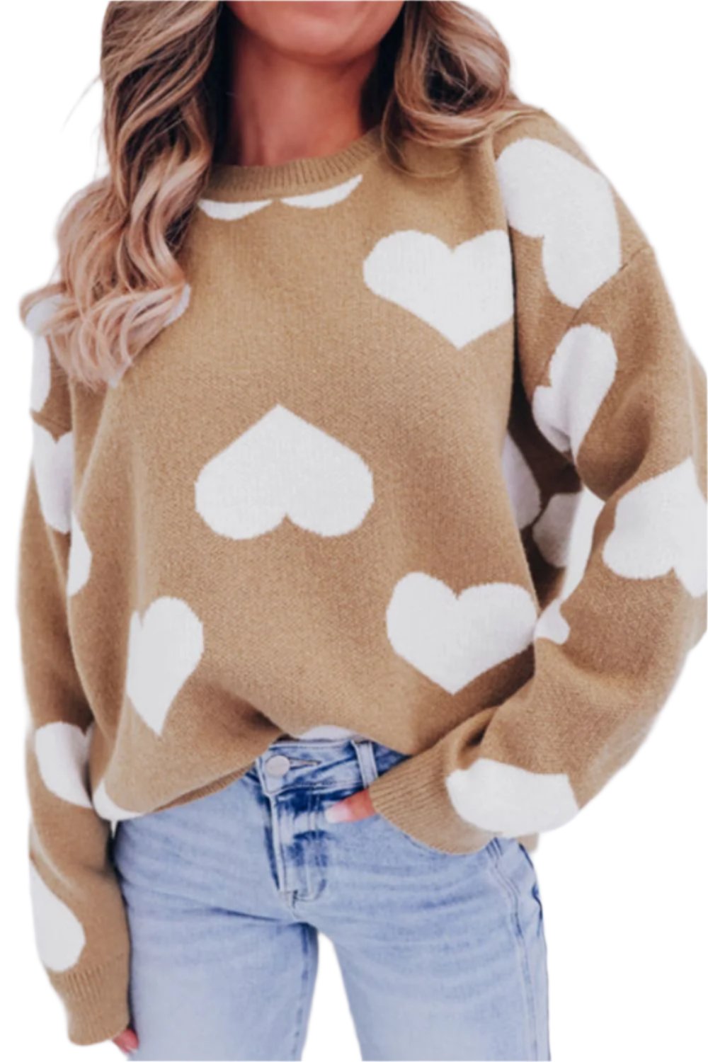 Heart Round Neck Long Sleeve Sweater - T - 1 COLOR -