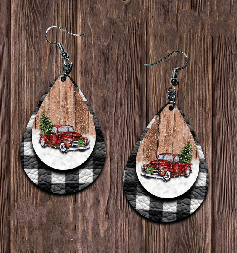 Faux Leather Plaid Teardrop Earrings - T - 2 COLORS -