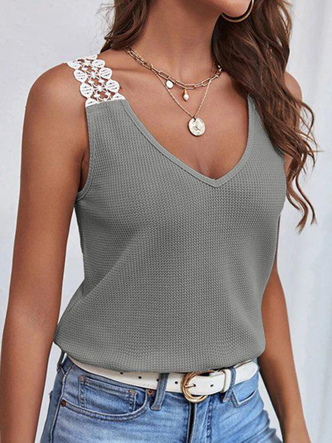 Full Size Lace Detail V-Neck Tank - T - 5 COLORS -