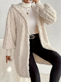 Thumbnail for Open Front Long Sleeve Fuzzy Hooded Jacket - T - 1 COLOR -