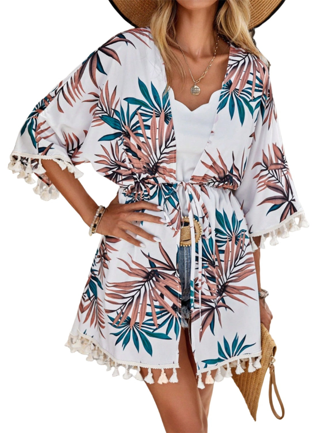 Tassel Tied Printed Half Sleeve Cover Up - 1 SIZE FITS ALL - T - 1 COLOR -