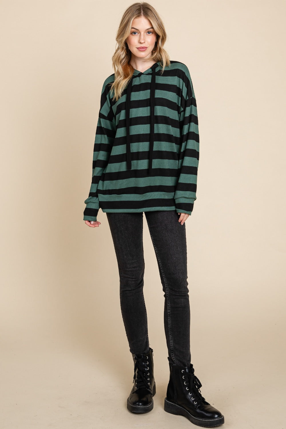 BOMBOM Drawstring Striped Dropped Shoulder Hoodie - T - 1 COLOR -