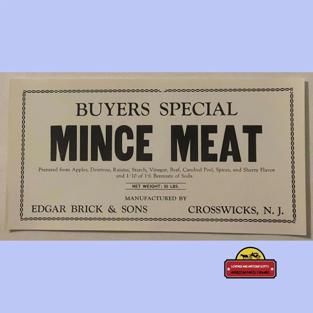 Rare 1910s Large Antique Vintage Buyers Special Mince Meat Label