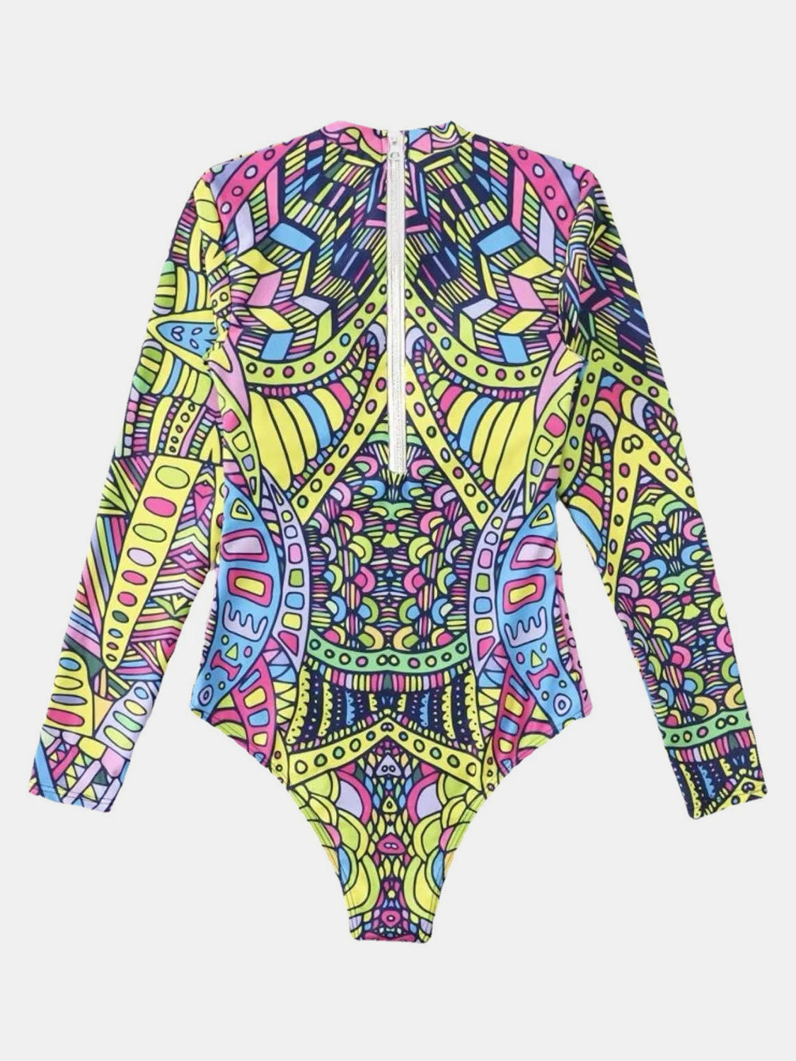 Mock Neck Long Sleeve One-Piece Swimwear - T - 1 MULTICOLOR -