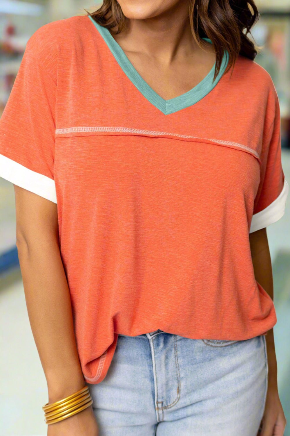 Color Block V-Neck Short Sleeve T-Shirt - T - 2 COLORS -