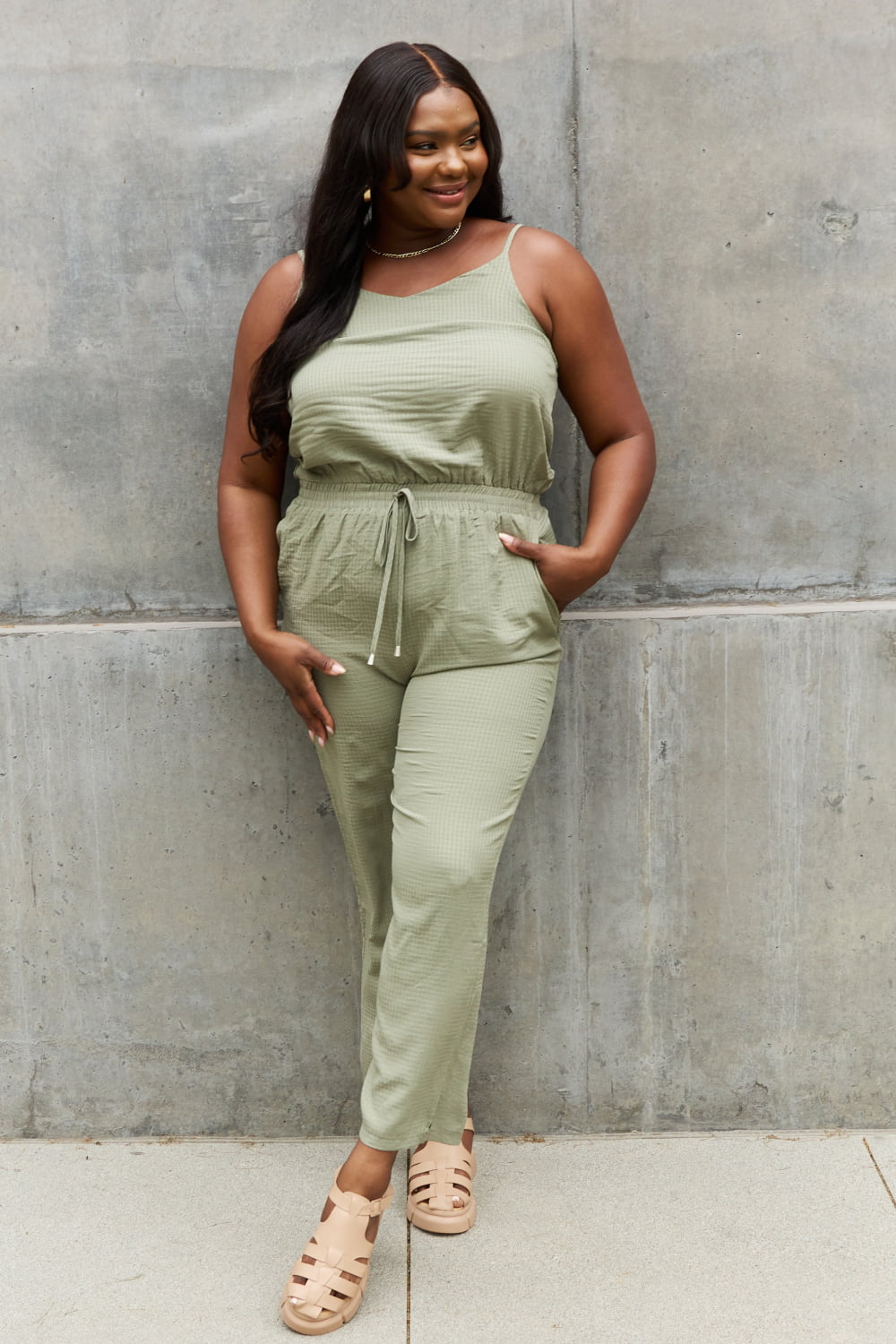 ODDI Full Size Textured Woven Jumpsuit in Sage - SIZES S THRU 3XL - 2 PCS. - T - 1 COLOR -