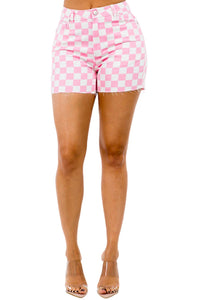 Thumbnail for American Bazi High Waist Contrast Checkered Shorts