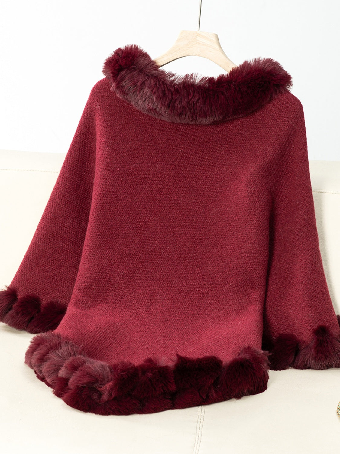 Fuzzy Trim Texture Three-Quarter Sleeve Poncho - 1 SIZE - T - 6 COLORS -