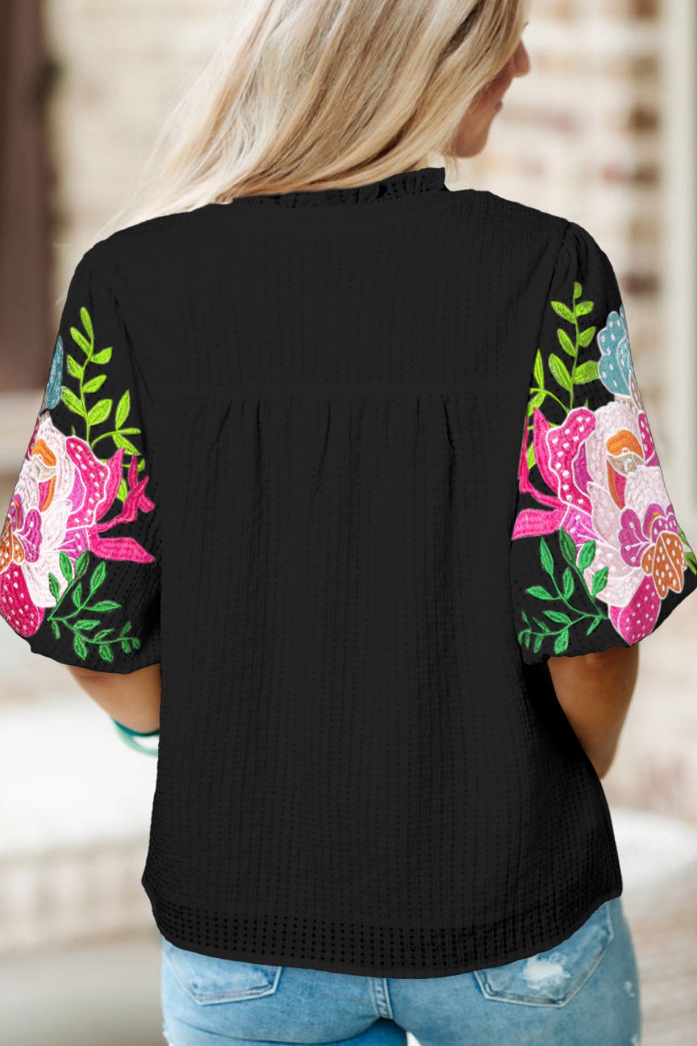 Embroidered Notched Puff Sleeve Blouse - T - 1 COLOR -