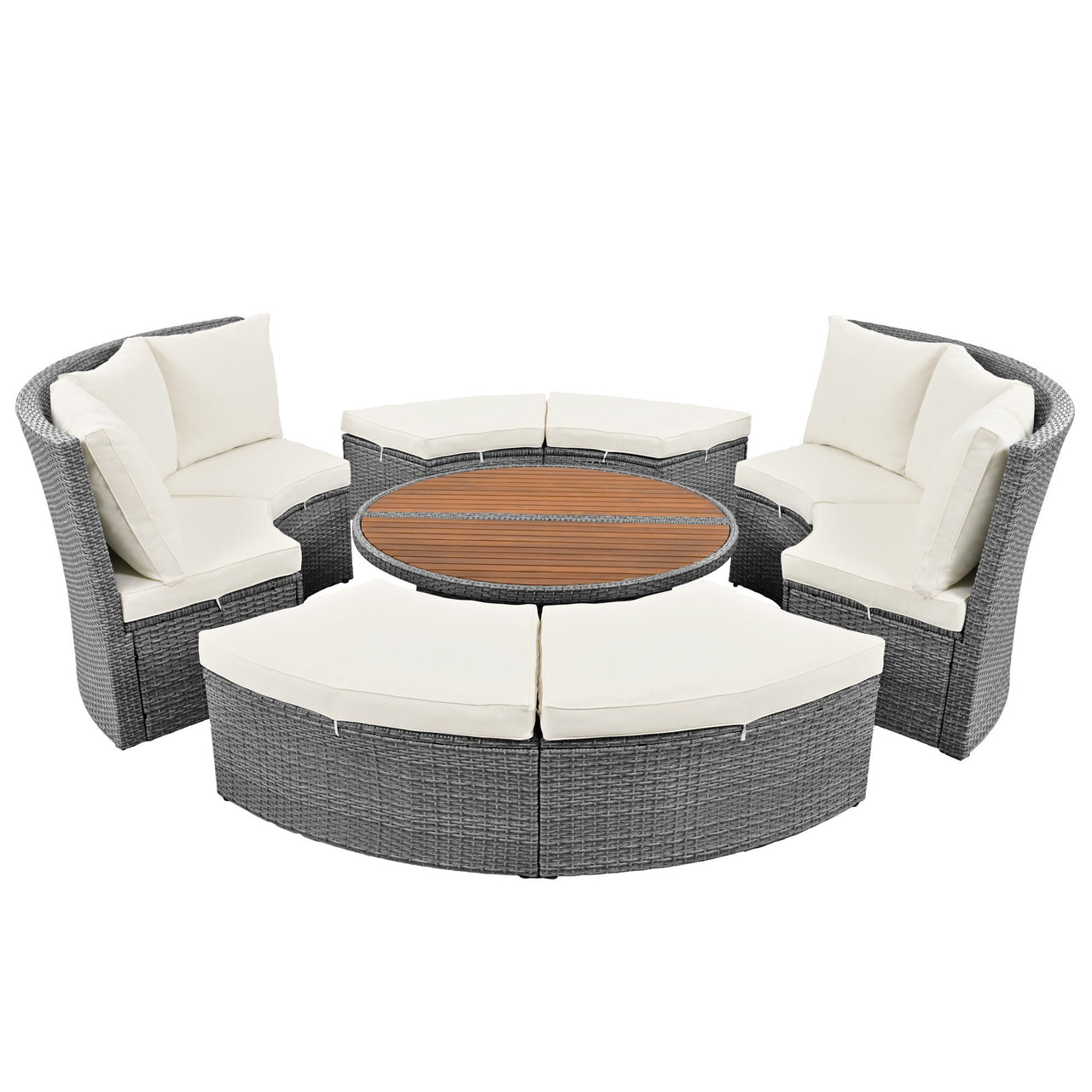 Patio 5-Piece Round Rattan Sectional Sofa Set All-Weather PE Wicker Sunbed Daybed With Round Liftable Table and Washable