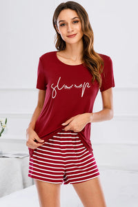 Thumbnail for Graphic Round Neck Top and Striped Shorts Lounge Set - 2 PCS. - T - 3 DESIGNS - 3 COLORS -