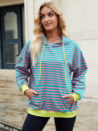 Thumbnail for Drawstring Contrast Striped Long Sleeve Hoodie - T - 5 COLORS -