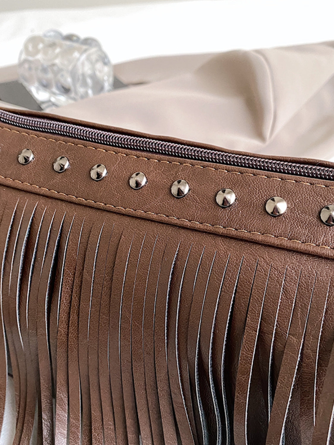 Faux Leather Fringe Studded Crossbody Bag - T - 3 COLORS -