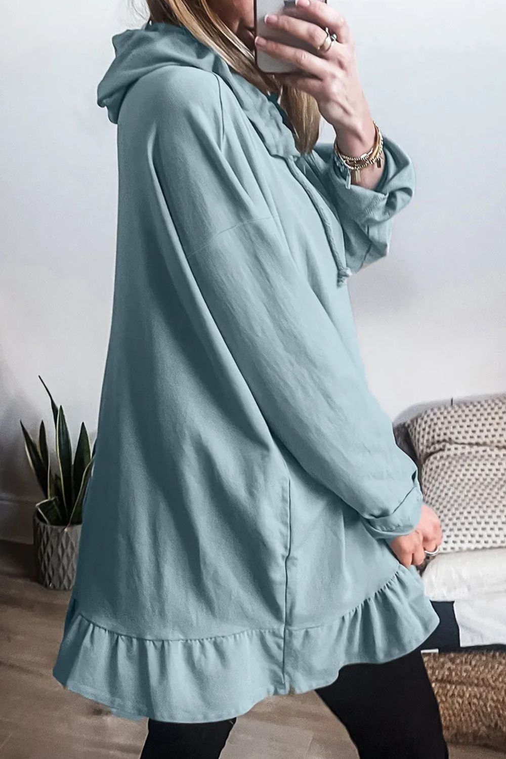 Drawstring Ruffled Dropped Shoulder Long Sleeve Hoodie - T - 1 COLOR -