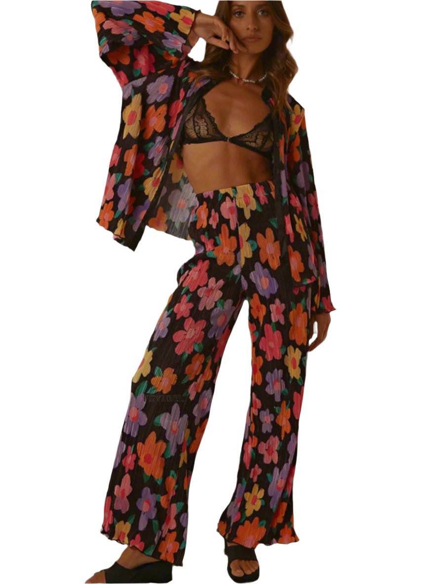 Printed Collared Neck Long Sleeve Top and Pants Lounge Set - 2 PCS. - T - 4 COLORS -