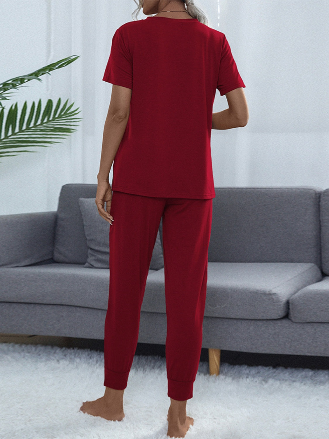 Round Neck Top and Pants Lounge Set - 2 PCS. - T - 2 COLORS -