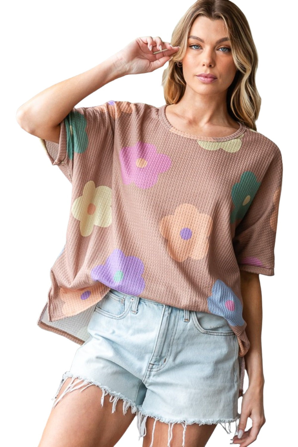 HOPELY Full Size Floral Round Neck Side Slit Waffle T-Shirt - SIZES S THRU 3XL - T - 1 COLOR -