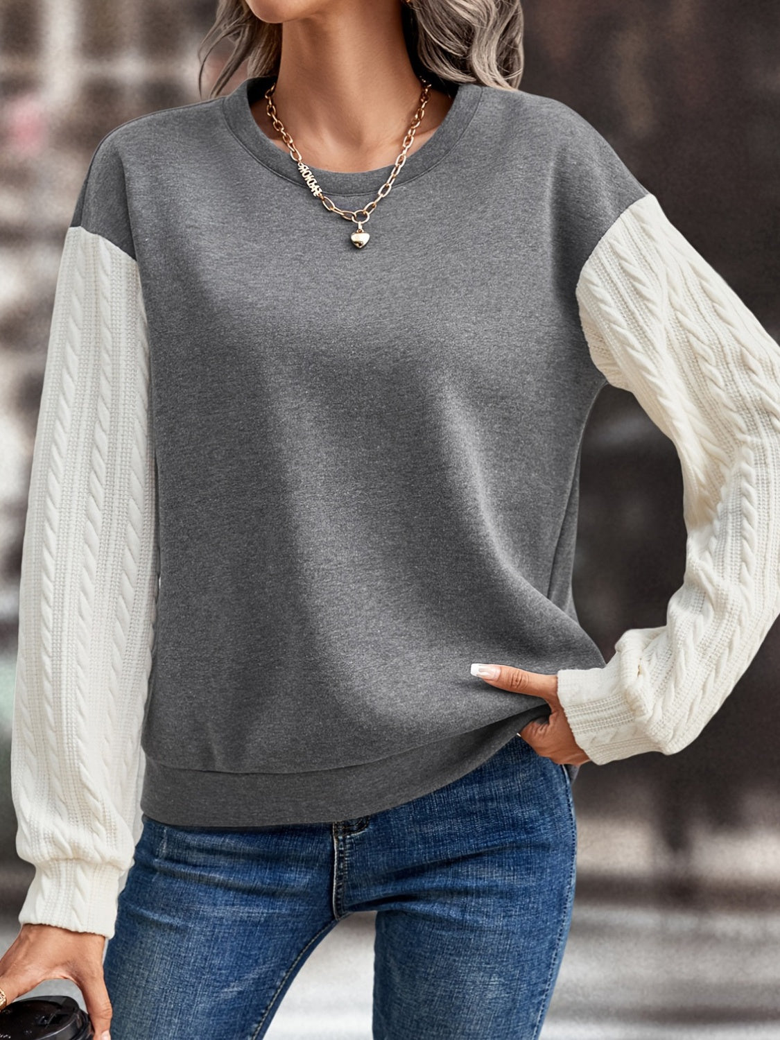 Contrast Round Neck Long Sleeve Sweatshirt - T - 1 COLOR -