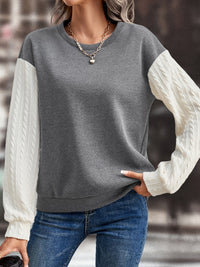 Thumbnail for Contrast Round Neck Long Sleeve Sweatshirt - T - 1 COLOR -