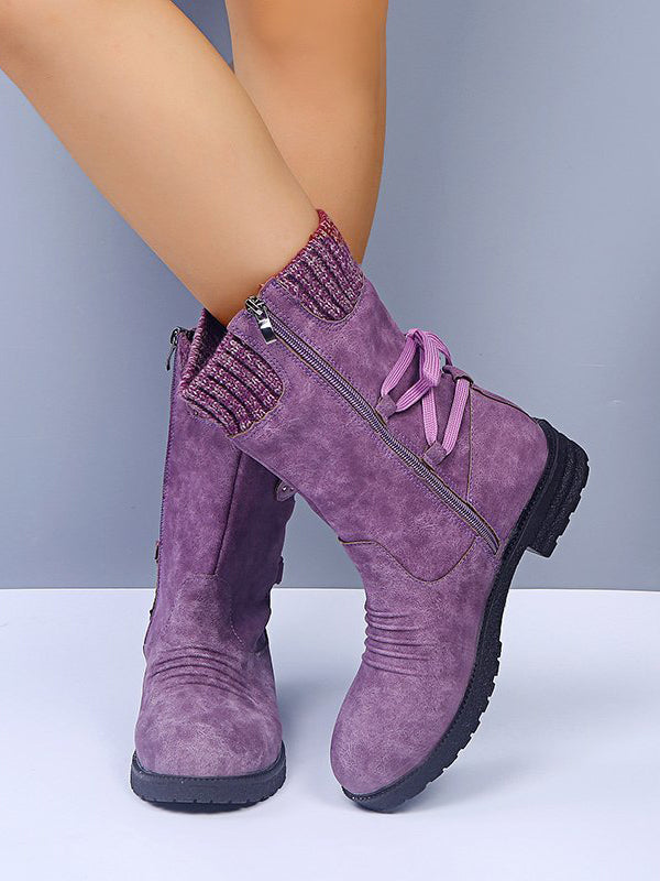 Lace-Up Low Heel Boots with Side Zip - T - 5 COLORS -