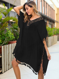 Thumbnail for Tassel Cutout Half Sleeve Cover-Up - T - 3 COLORS -