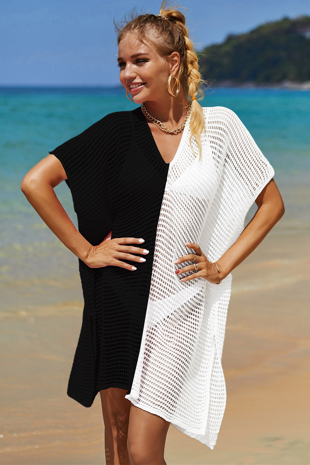 Openwork Contrast Slit Knit Cover Up - 1 SIZE FITS ALL - T - 6 COLORS -