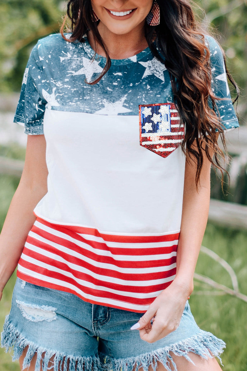 US Flag Round Neck Short Sleeve T-Shirt - T - 1 COLOR -