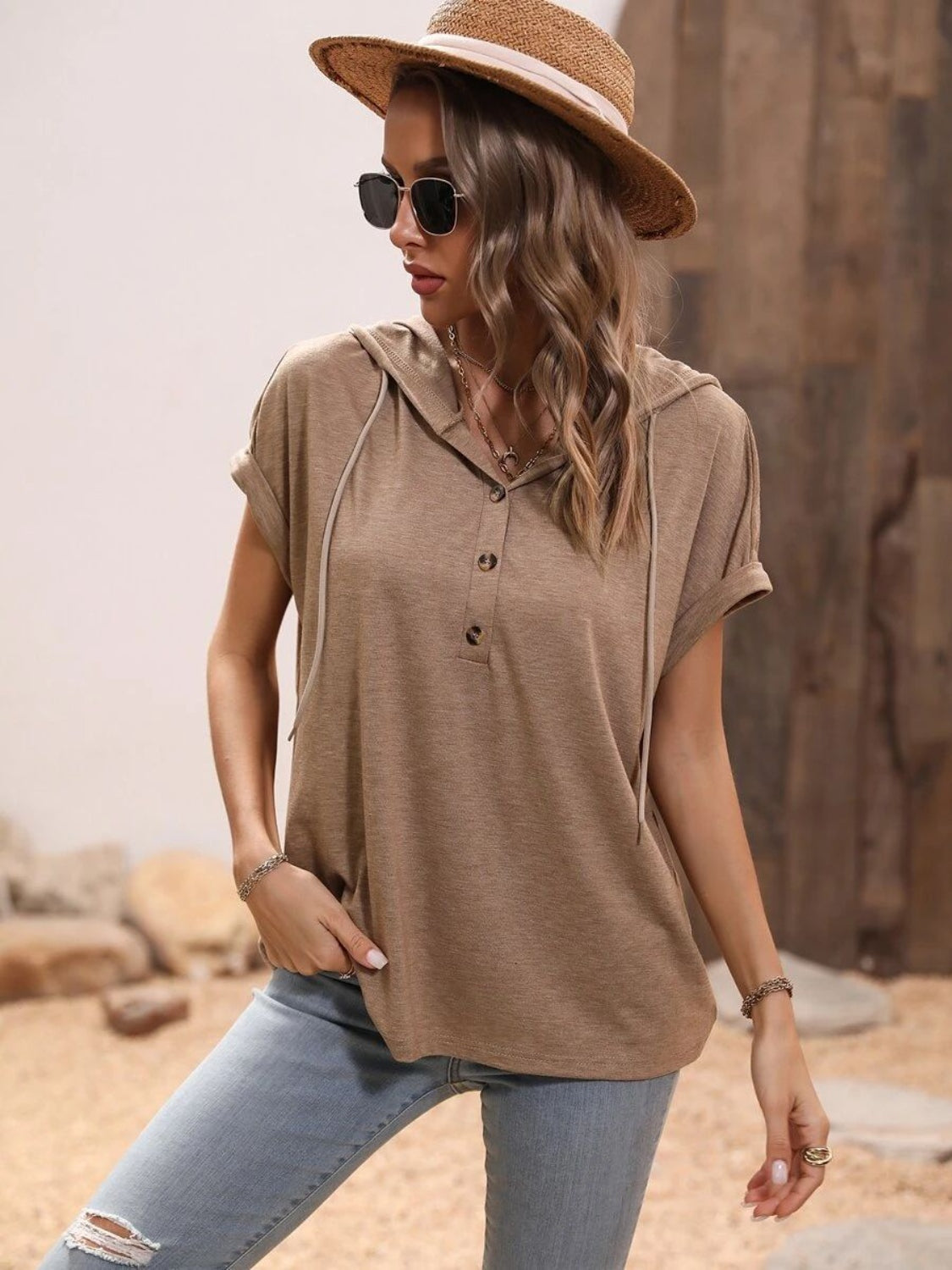 Half Button Hooded Short Sleeve Blouse - T - 4 COLORS -