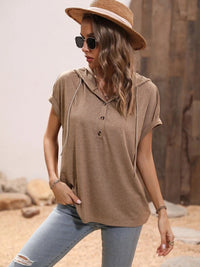 Thumbnail for Half Button Hooded Short Sleeve Blouse - T - 4 COLORS -