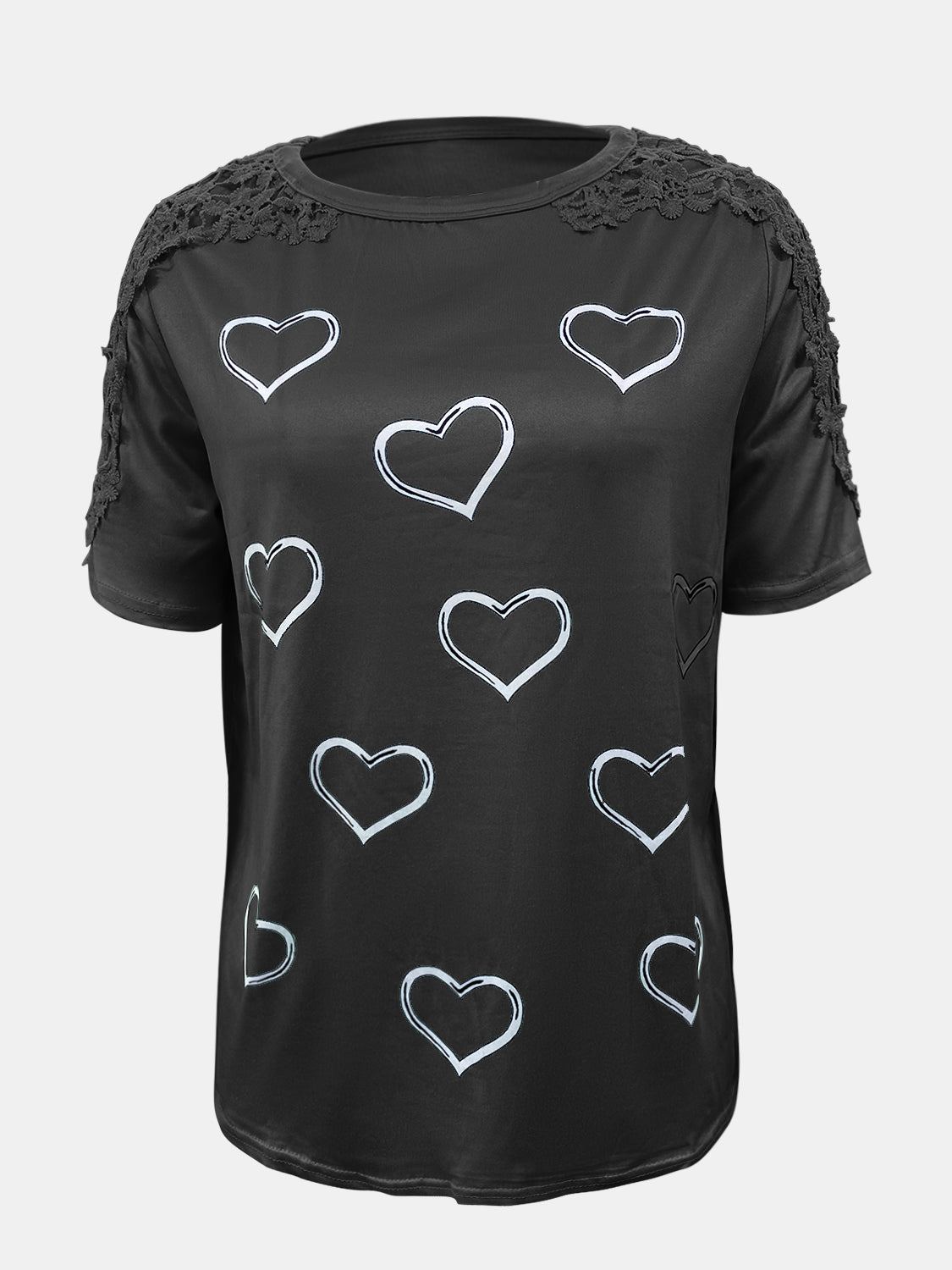 Full Size Lace Detail Heart Round Neck Short Sleeve Top - T - 5 COLORS -