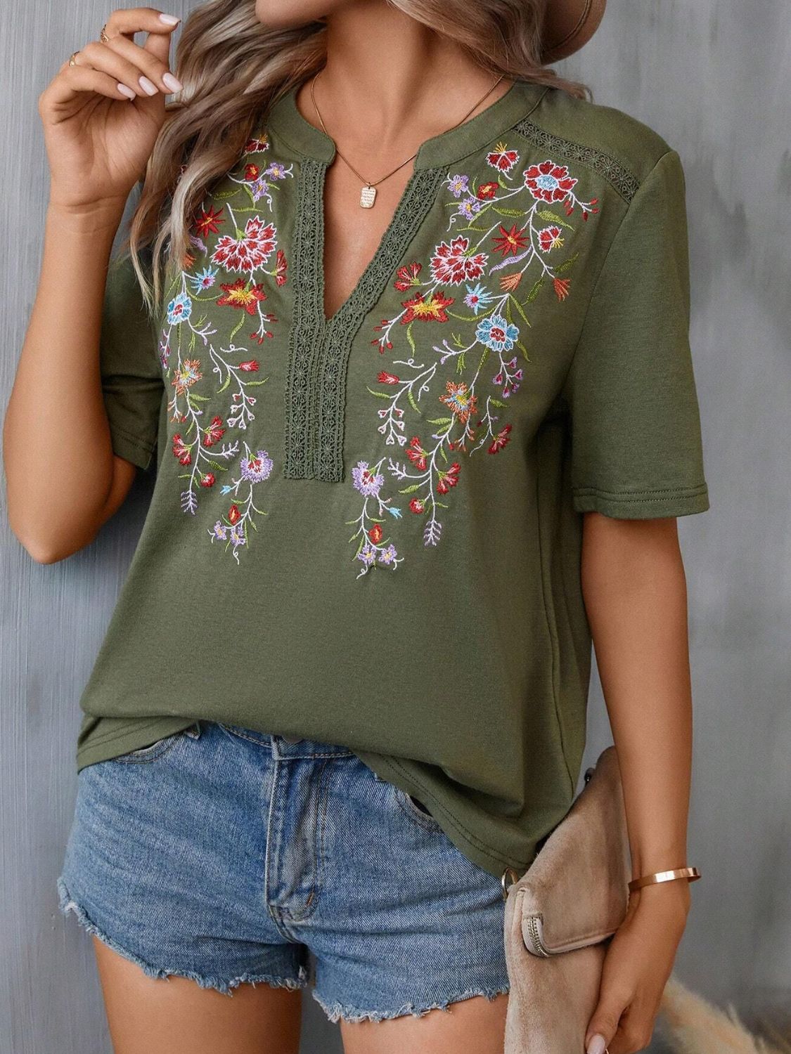 Embroidered Notched Short Sleeve T-Shirt - T - 5 COLORS -