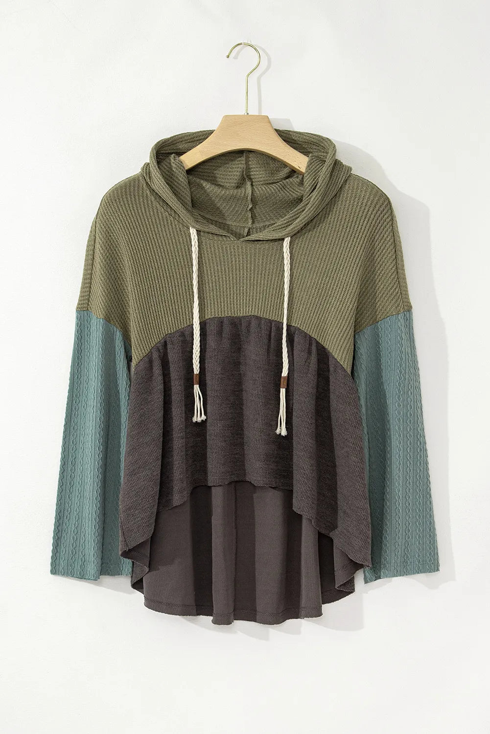 Waffle-Knit High-Low Color Block Hooded Long Sleeve Top - T - 1 COLOR -