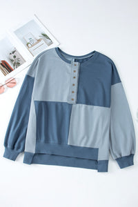 Thumbnail for Contrast Half Button Long Sleeve Sweatshirt - T - 7 COLORS -