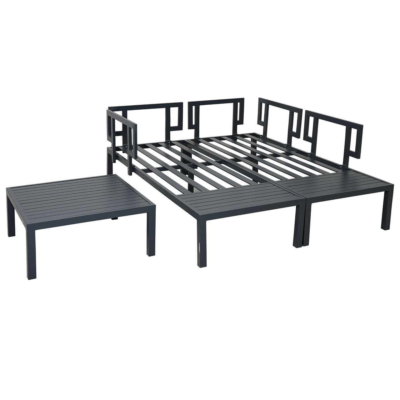 Outdoor 3-Piece Aluminum Alloy Sectional Sofa Set With End Table and Coffee Table,Black Frame+Gray Cushion