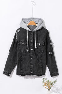 Thumbnail for Distressed Drawstring Long Sleeve Hooded Denim Jacket - T - 1 COLOR -