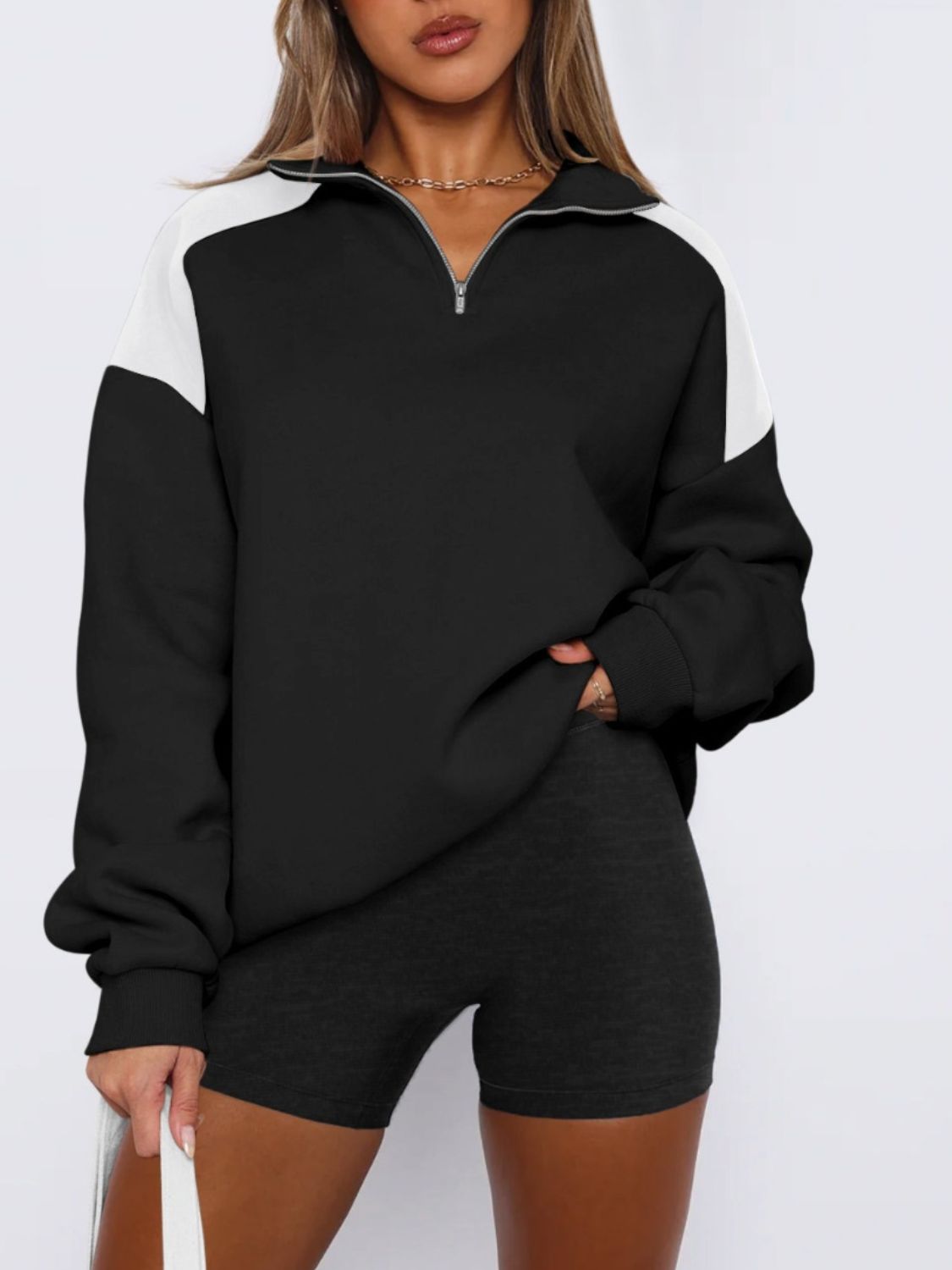 Contrast Quarter Zip Long Sleeve Sweatshirt - T - 4 COLORS -