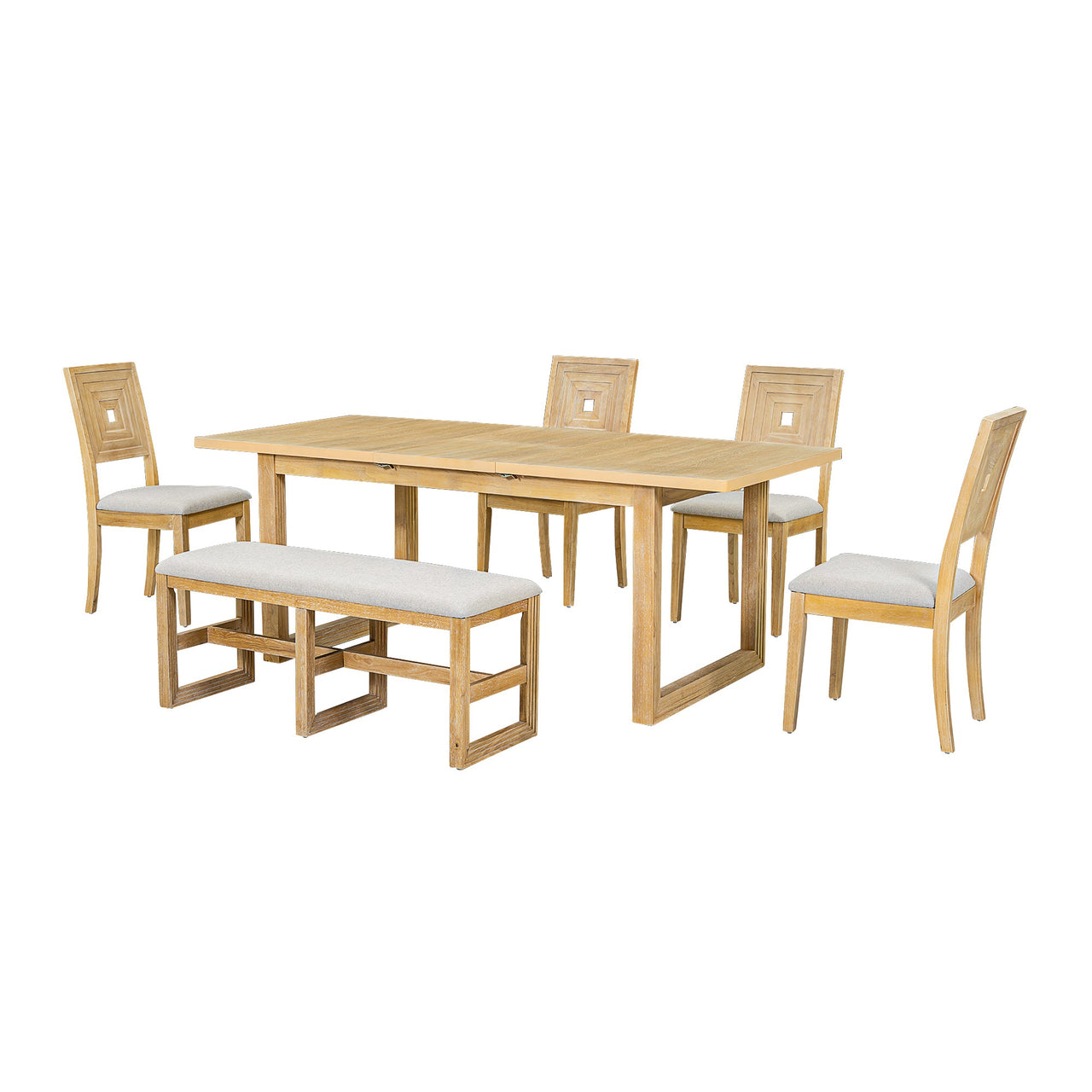 Modern 78inch 6-Piece Extendable Dining Table Set, 4 Upholstered Dining Chairs and Dining Bench, 18" Butterfly Leaf, Nat