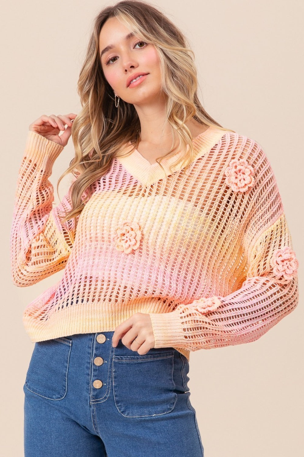 BiBi Ombre Crochet Flower Knit Top - T - 1 COLOR -