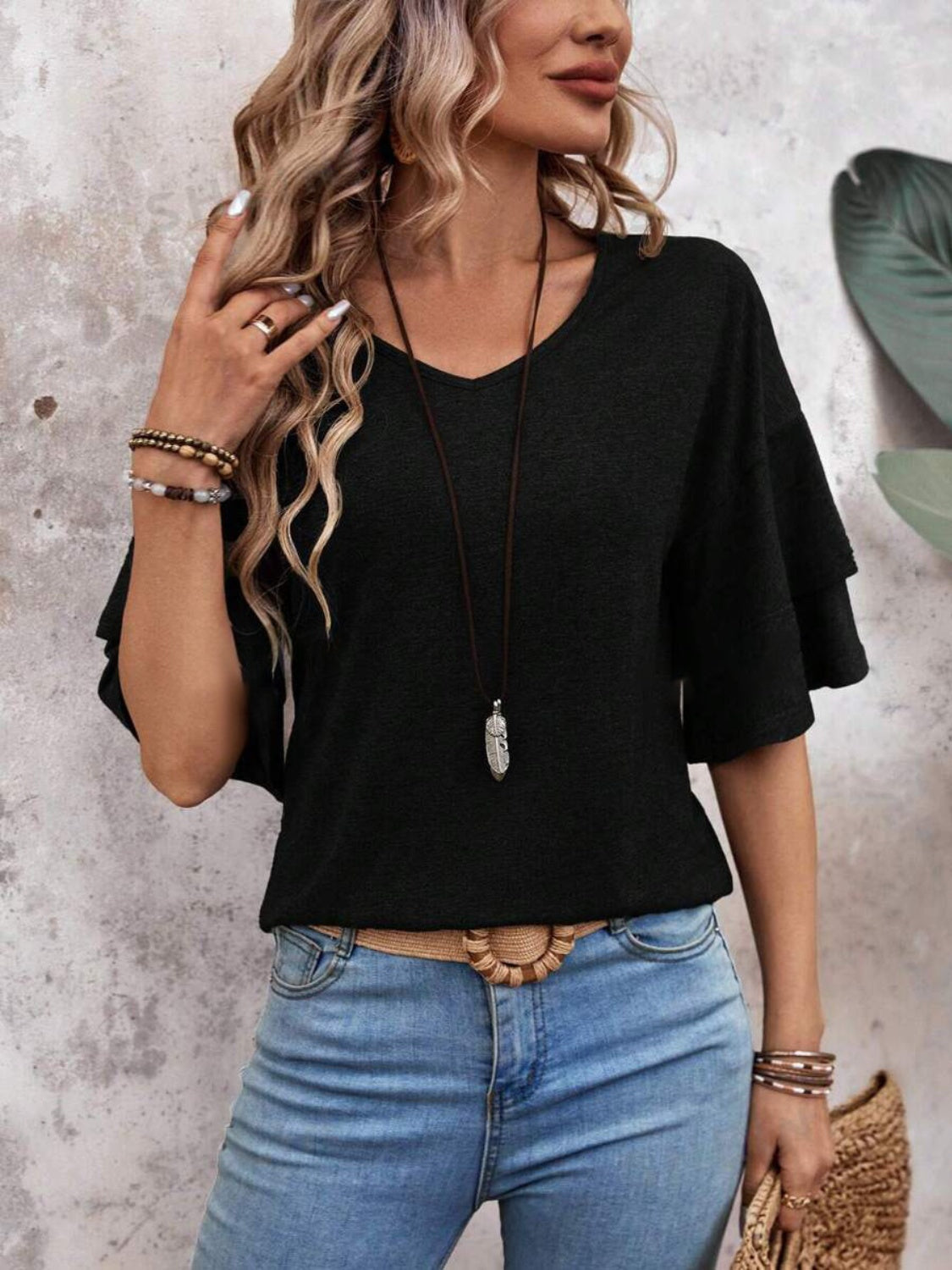 V-Neck Half Sleeve Blouse - T - 5 COLORS -