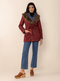 Thumbnail for Fuzzy Collared Neck Tie Waist Jacket - T - 1 COLOR -