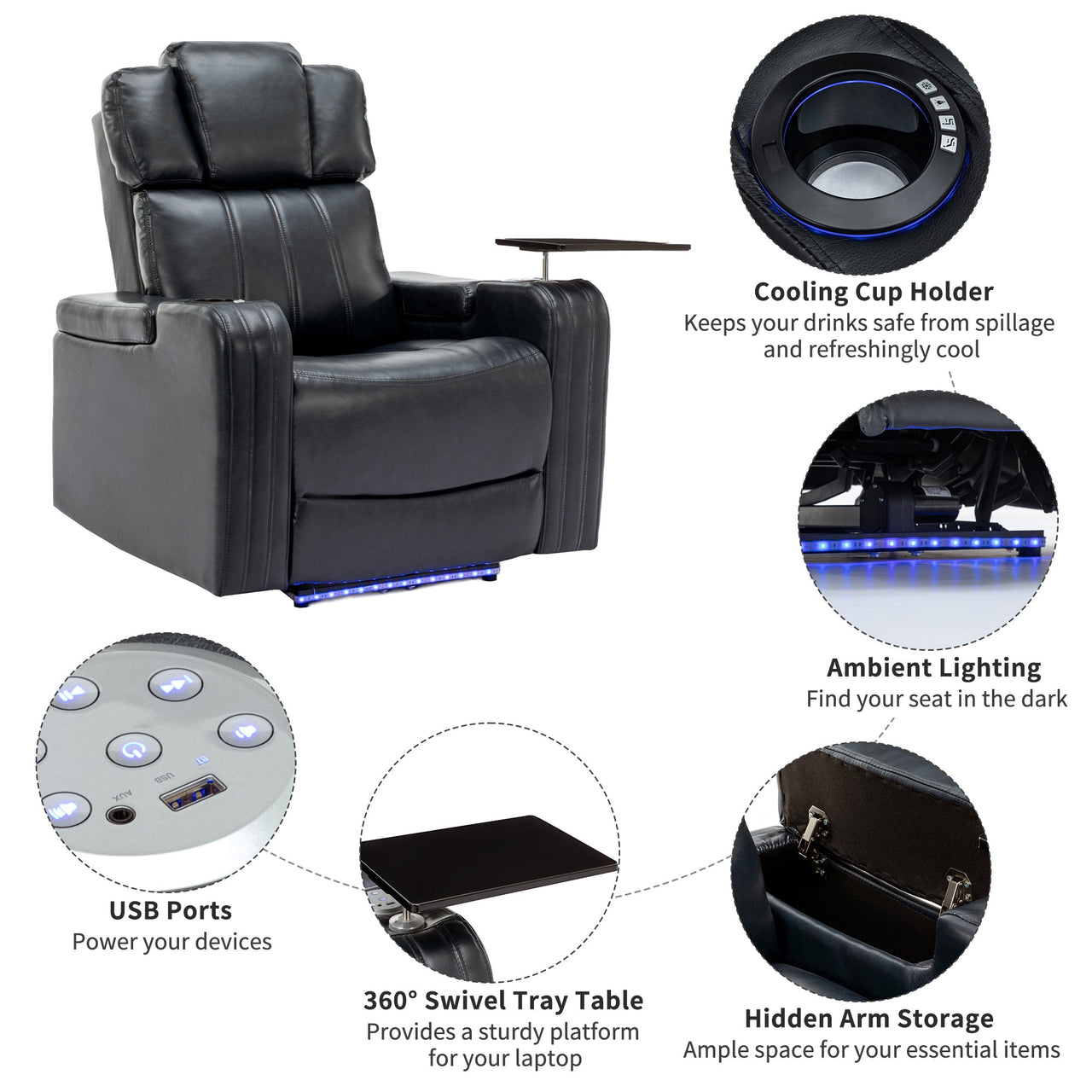 PU Leather Power Recliner Individual Seat Home Theater Recliner With Cooling Cup Holder, Bluetooth Speaker, LED Lights,