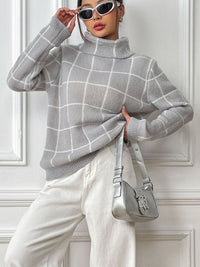 Thumbnail for Plaid Turtleneck Long Sleeve Sweater - T - 3 COLORS -