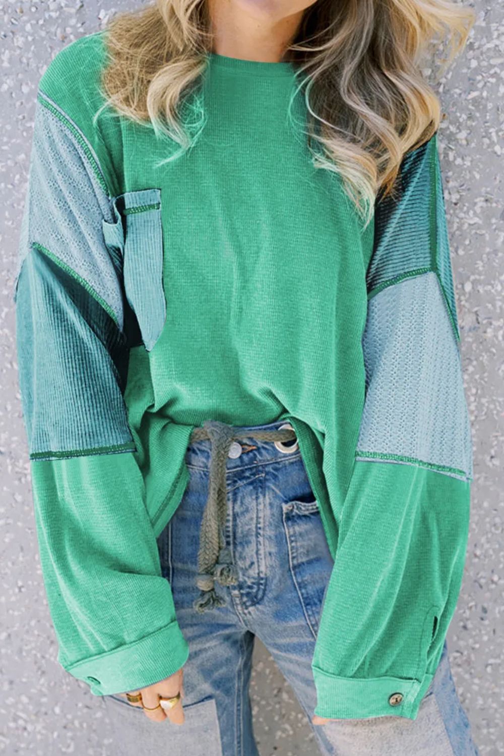 Patchwork Color Block Round Neck Long Sleeve Top - T - 1 COLOR -