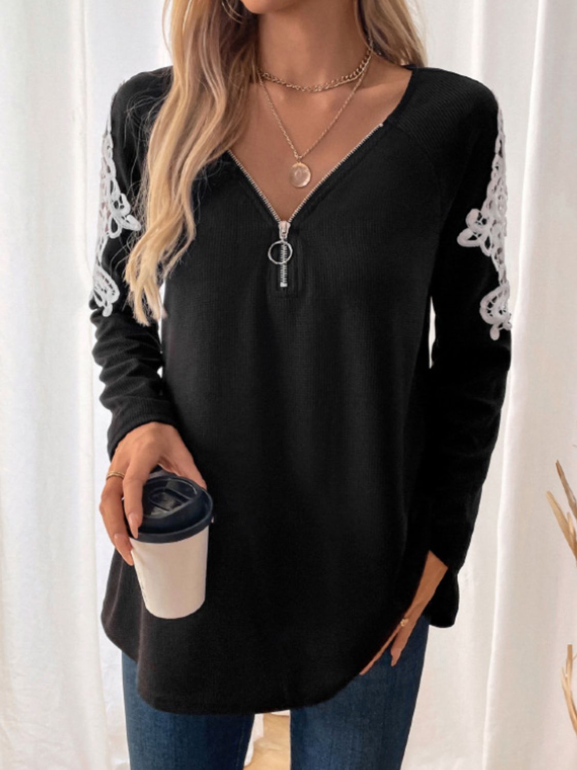 Perfee Lace Detail Quarter Zip Long Sleeve Top - T - 1 COLOR -